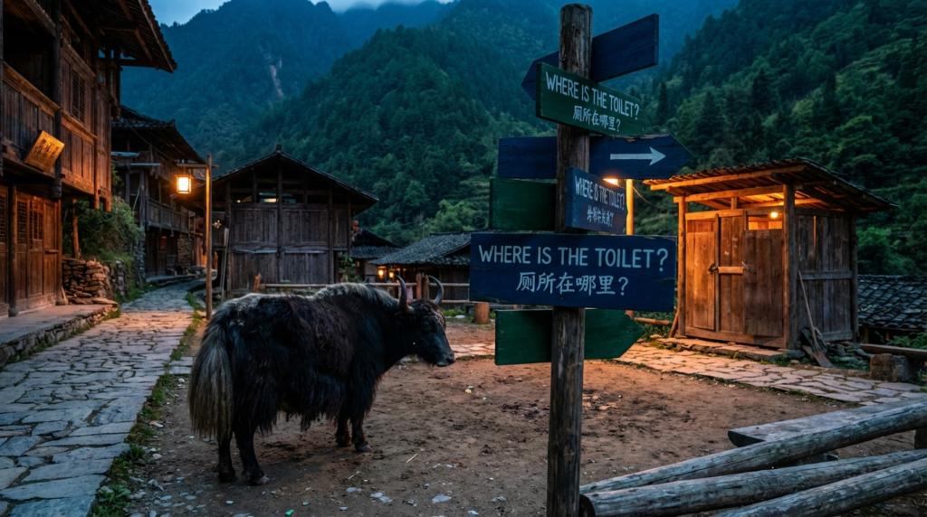 A personified yak Chinese teacher that explains where is the toilet in Chinese for beginners.