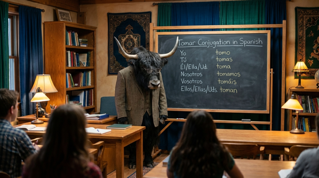 A personified yak Spanish teacher that teaches Spanish tomar conjugation charts and real examples for beginners.