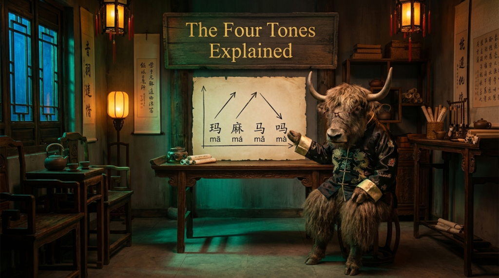 A personified yak Chinese teacher that explains simplified Chinese four tones for beginners with pinyin and real-life examples.