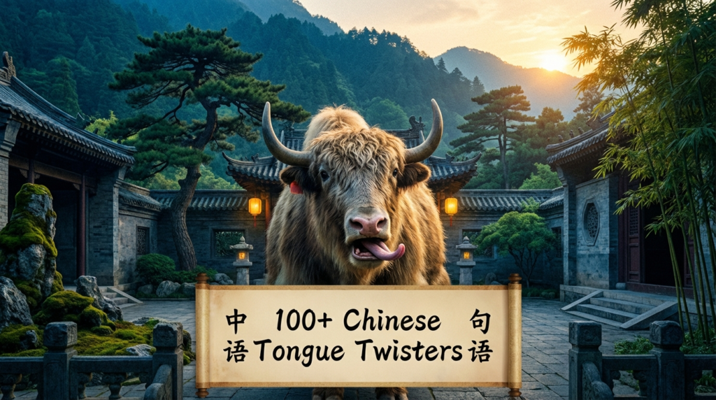 A personified yak Chinese teacher that teaches Chinese tongue twisters with pinyin and English meaning for beginners.