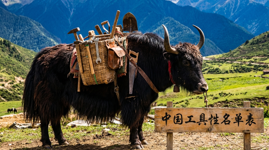 A personified yak Chinese teacher that teaches Chinese tool names for beginners with pinyin and real examples.