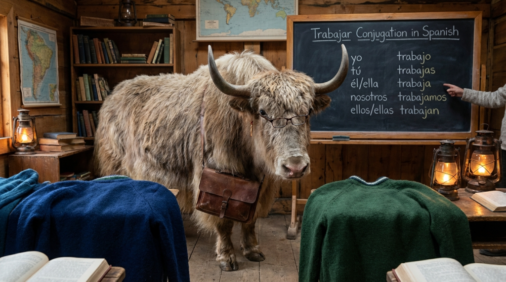 A personified yak Spanish teacher that teaches trabajar conjugation in Spanish with easy verb tables and real-life examples.