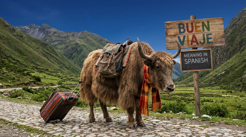 A personified yak Spanish teacher that explains buen viaje meaning in Spanish and easy travel phrases.