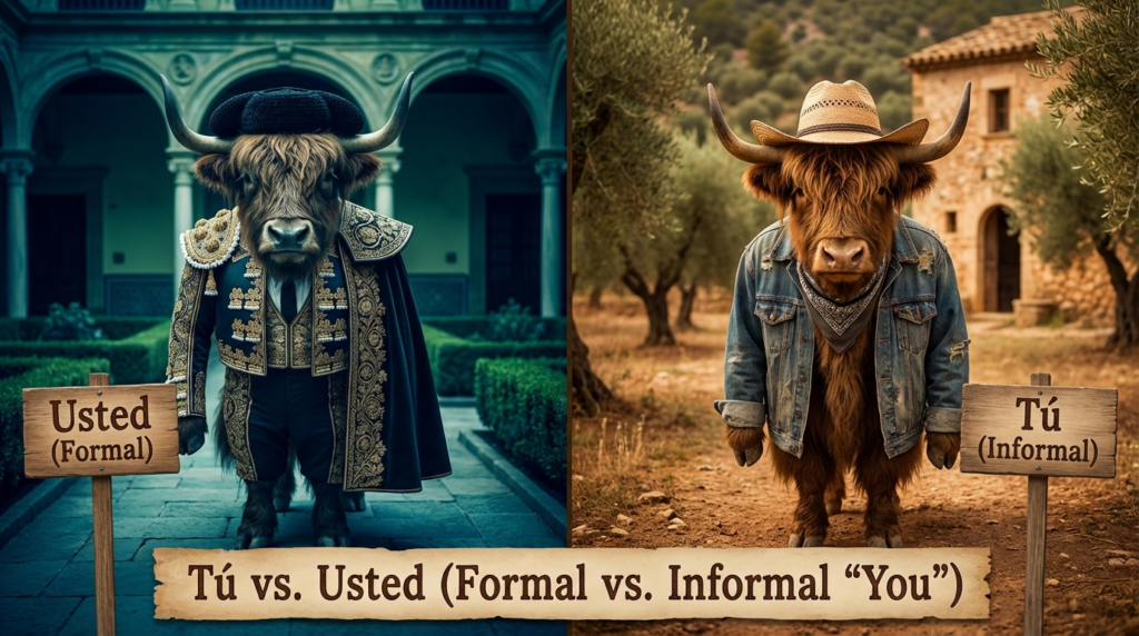 A personified yak Spanish teacher that explains Spanish tú vs usted (formal vs informal you) with real-life examples.