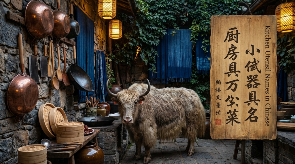 A personified yak Chinese teacher that teaches kitchen utensil names in Chinese with pinyin for beginners.
