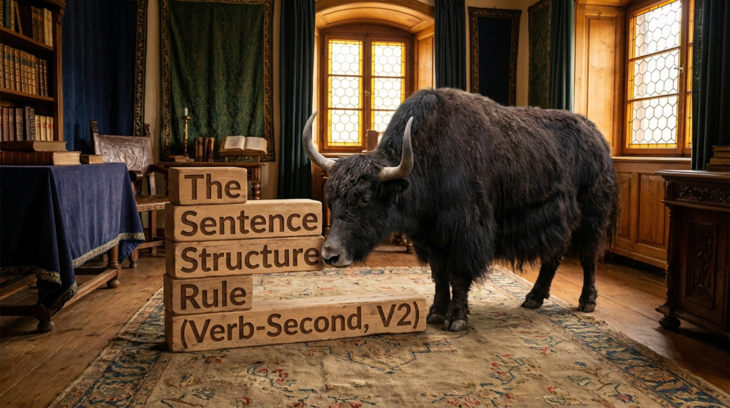 A personified yak German teacher that explains German sentence structure and the Verb-Second (V2) rule.