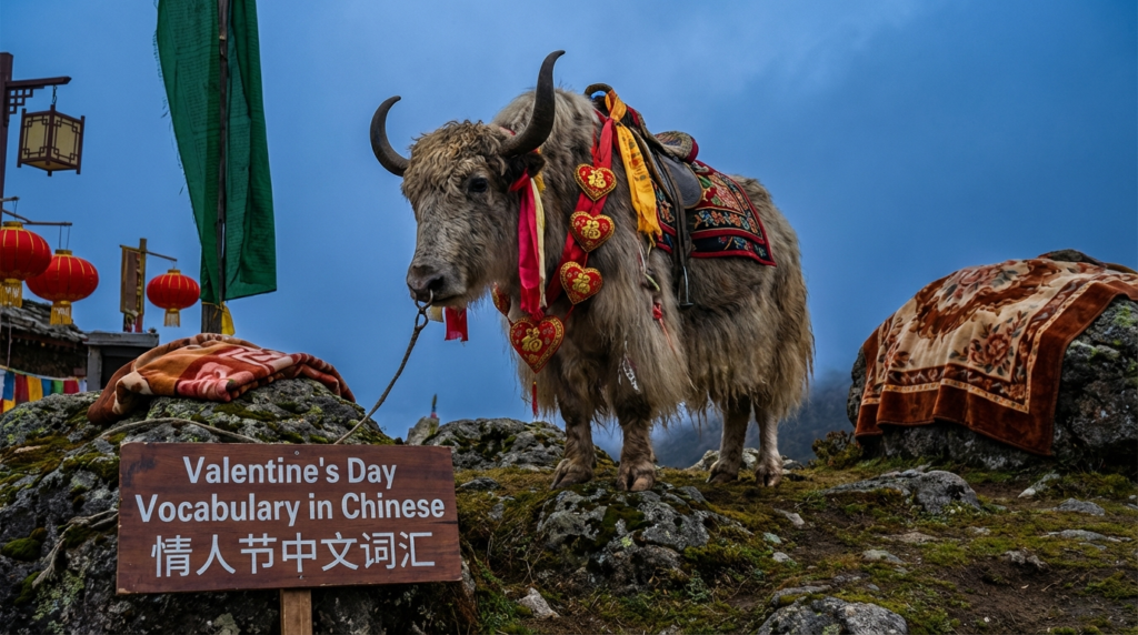 A personified yak Chinese teacher that teaches Valentine’s Day vocabulary in Chinese with hearts, roses, and pinyin notes.