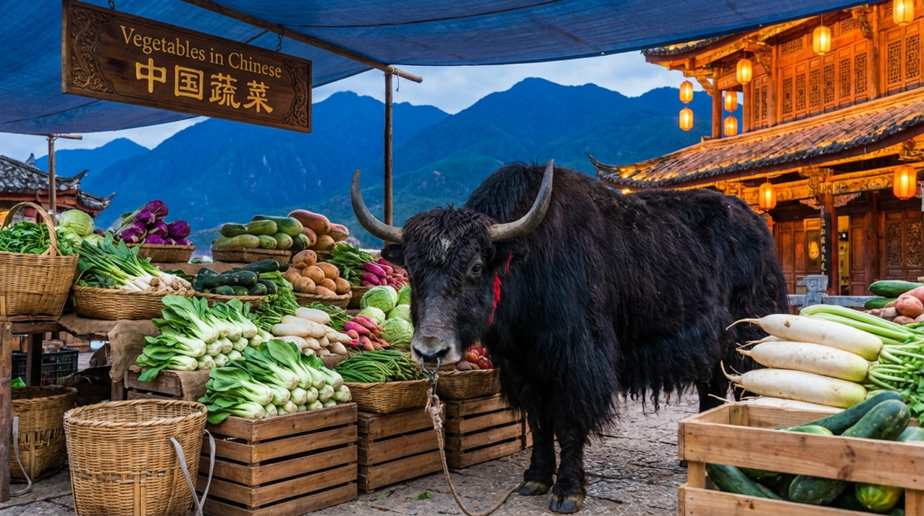 A personified yak Chinese teacher that teaches vegetables in Chinese for beginners with pinyin and real-life examples.
