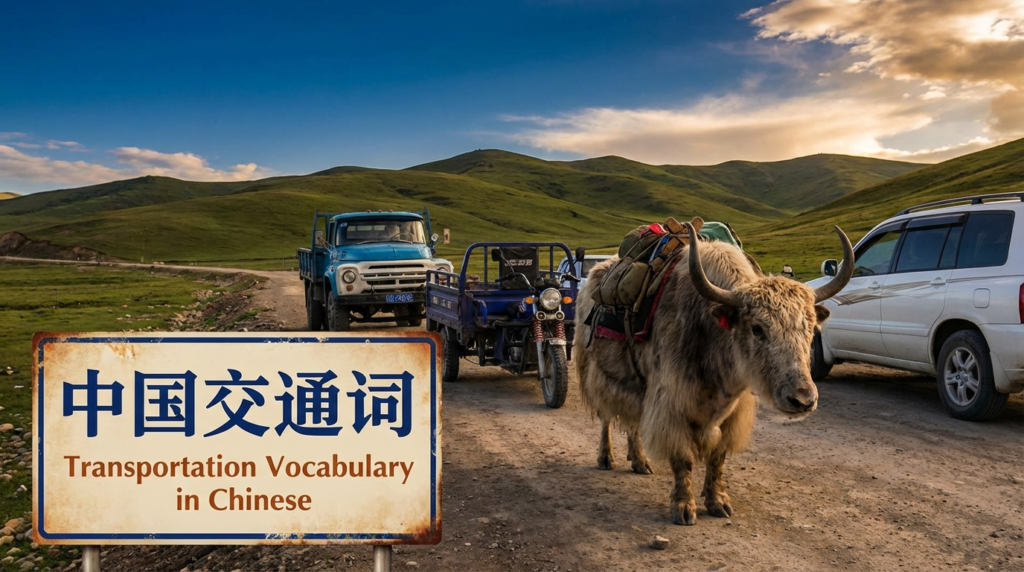 A personified yak Chinese teacher that teaches simplified Chinese transportation vocabulary for beginners.