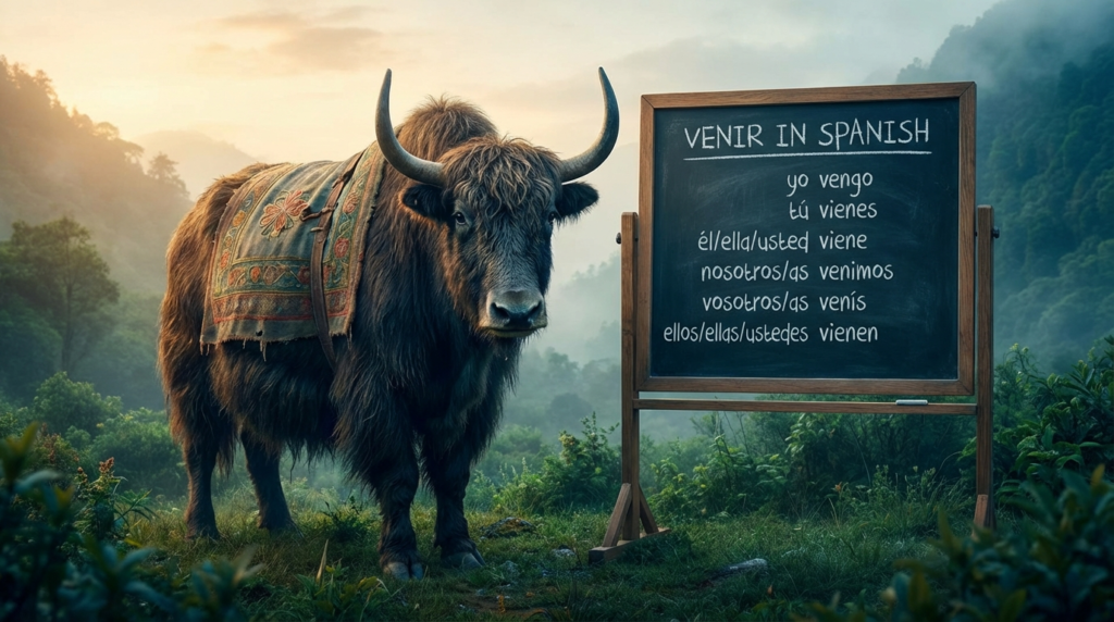 A personified yak Spanish teacher that explains venir in Spanish, present tense conjugation, and everyday uses.