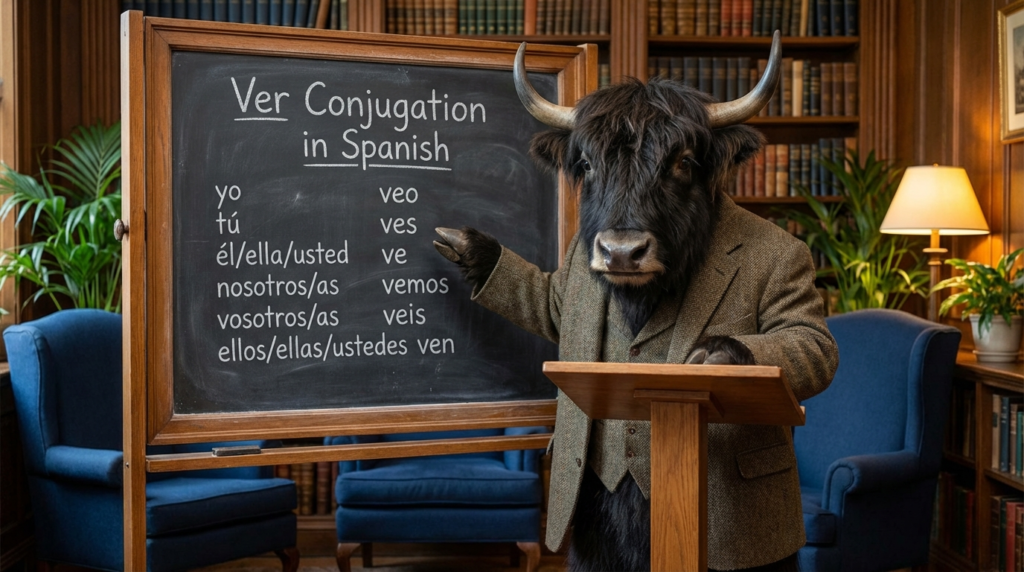 A personified yak Spanish teacher that teaches ver conjugation in Spanish with easy verb charts and real-life examples.