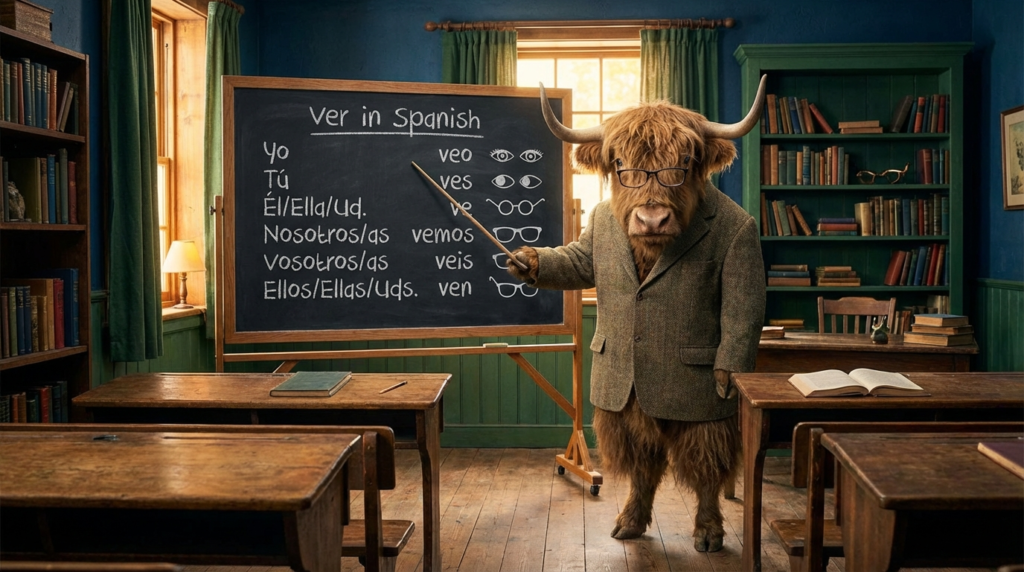 A personified yak Spanish teacher that teaches the Spanish verb ver with veo, ves, and ve for beginners.