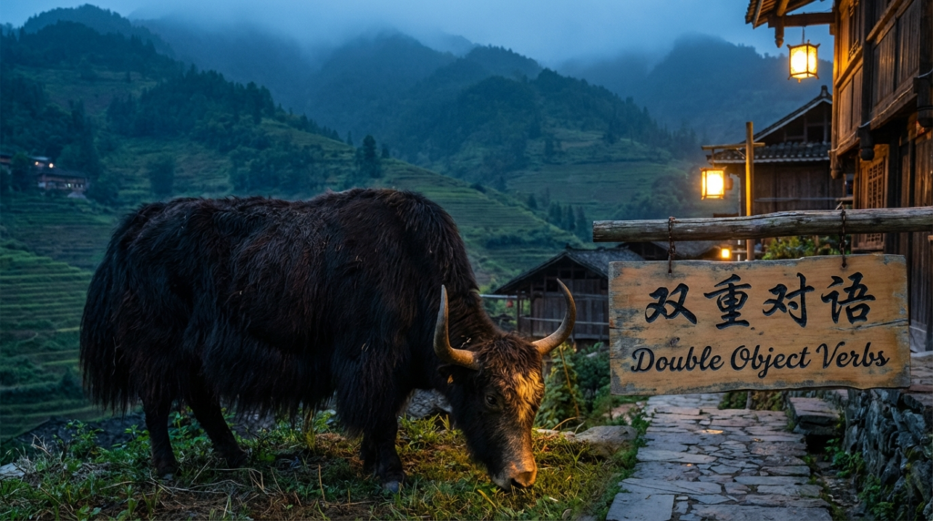 A personified yak Chinese teacher that explains simplified Chinese double object verbs for beginners.