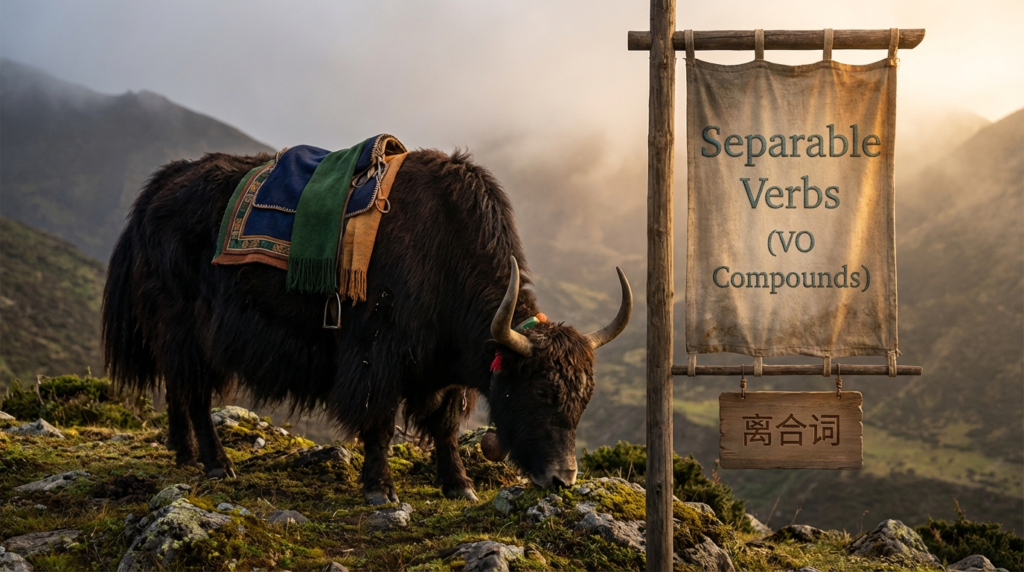 A personified yak Chinese teacher that explains Chinese separable verbs VO compounds for beginners.