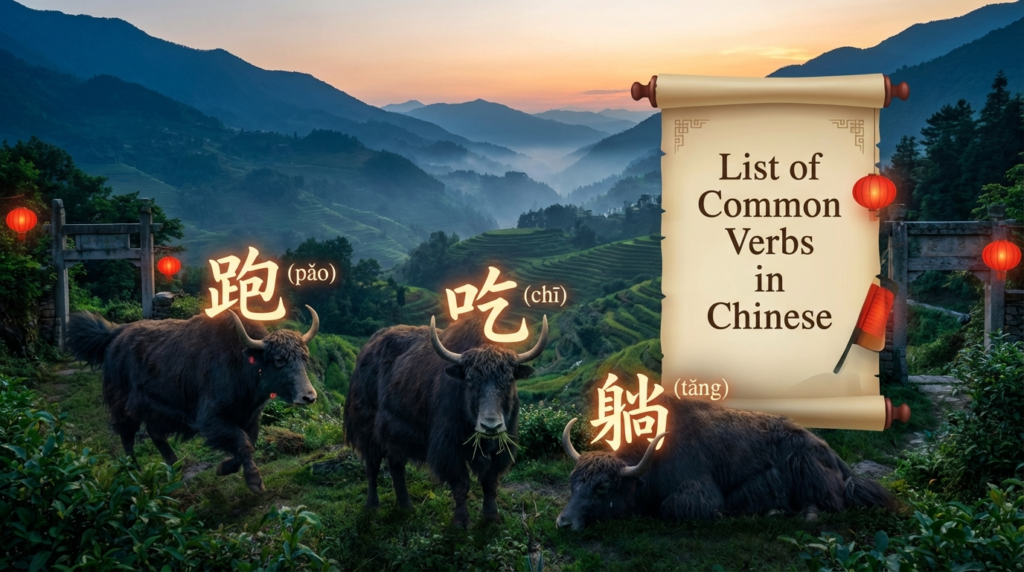 A personified yak Chinese teacher that teaches common verbs in Chinese for beginners.