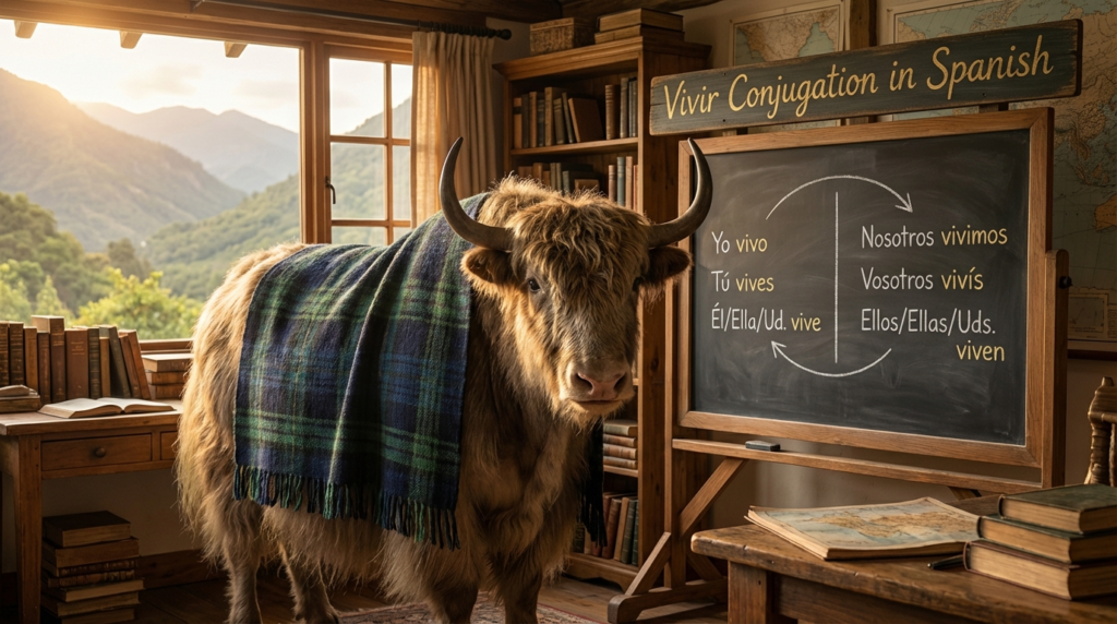 A personified yak Spanish teacher that teaches necesitar conjugation in Spanish with easy charts, real examples, and common mistakes.