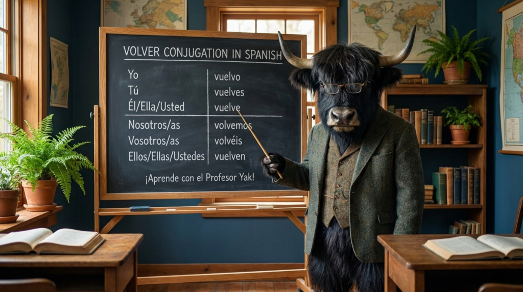 A personified yak Spanish teacher that teaches Spanish volver conjugation with easy verb charts and real examples.