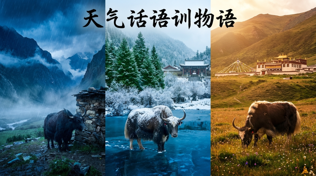 A personified yak Chinese teacher that teaches Chinese weather conversation vocabulary for beginners.