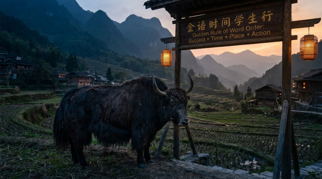 A personified yak Chinese teacher that explains simplified Chinese word order with subject time place action examples.