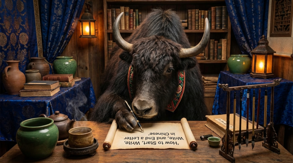 A personified yak Chinese teacher that explains how to start, write, and end a letter in Chinese for beginners.