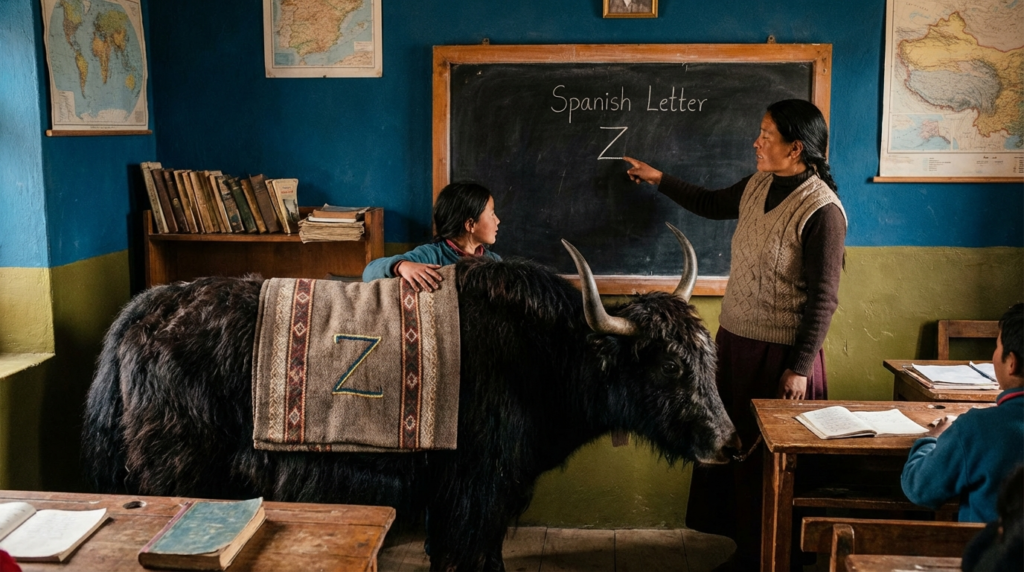 A personified yak Spanish teacher that explains Spanish letter Z pronunciation with beginner-friendly examples.