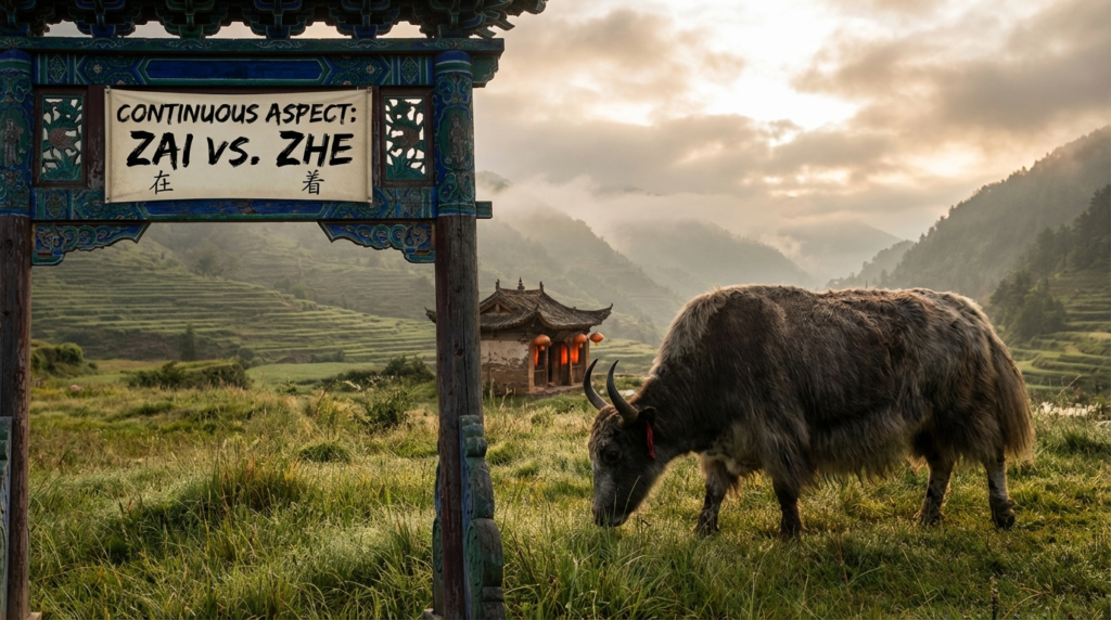 A personified yak Chinese teacher that explains simplified Chinese 在 zài vs. 着 zhe continuous aspect for beginners.
