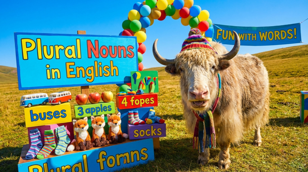 A personified yak English teacher that explains English plural nouns with easy rules, irregular forms, and real examples.