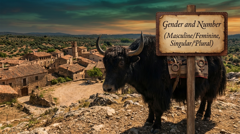 A personified yak Spanish teacher that explains Spanish gender and number rules with masculine/feminine and singular/plural agreement.