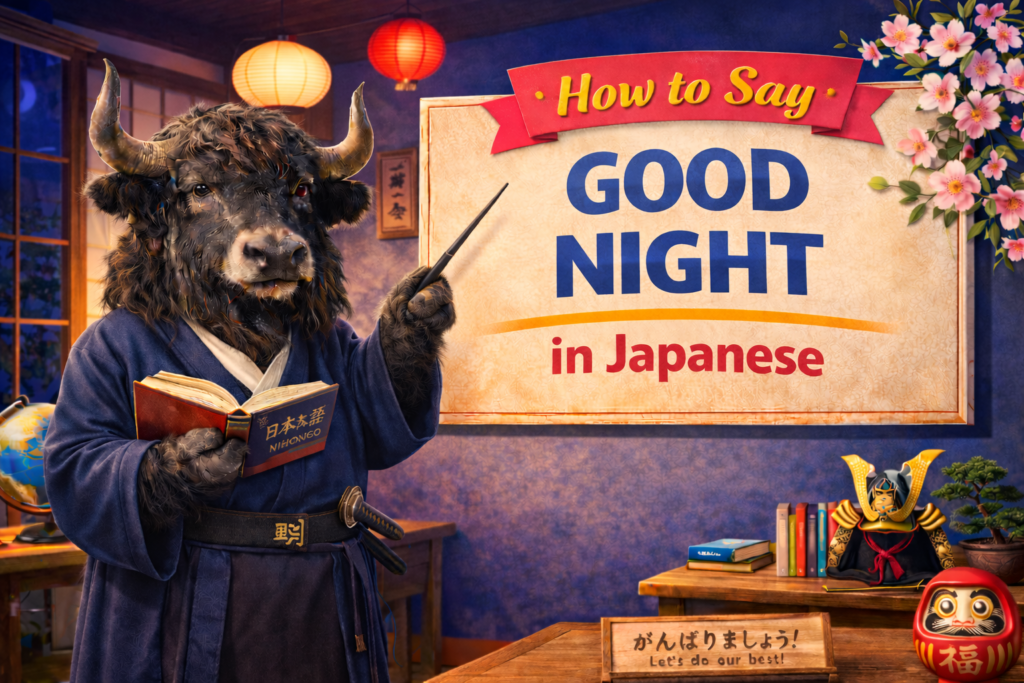 A personified yak Japanese teacher that teaches good night in Japanese, oyasumi, oyasuminasai, and bedtime phrases for beginners.