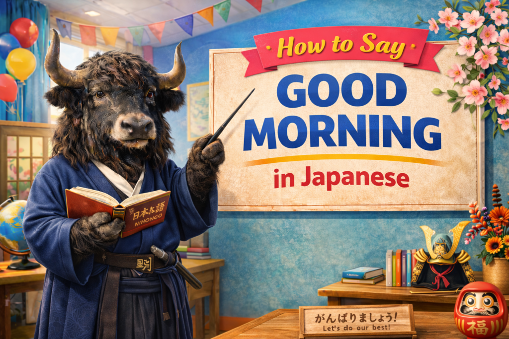 A personified yak Japanese teacher that teaches how to say good morning in Japanese with おはよう and おはようございます.