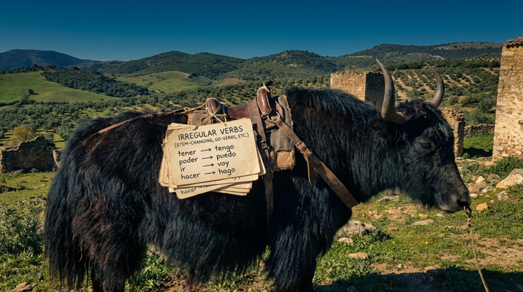 A personified yak Spanish teacher that explains Spanish irregular verbs like stem-changing verbs and go-verbs.