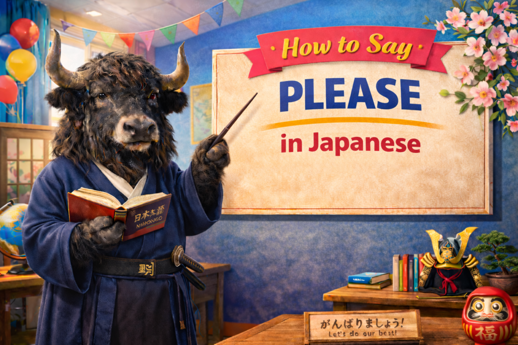 A personified yak Japanese teacher that explains how to say please in Japanese with kudasai and onegaishimasu.