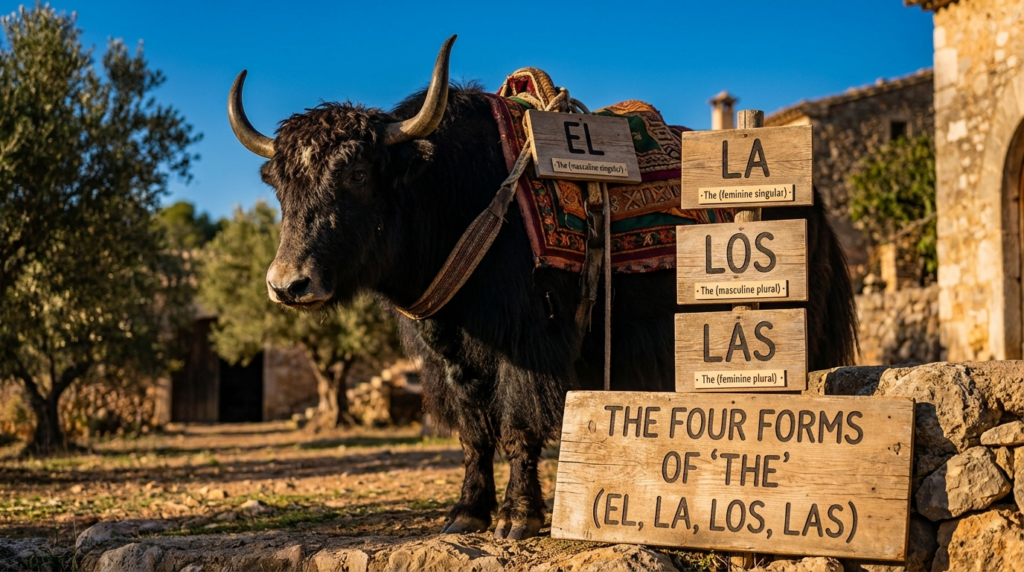 A personified yak Spanish teacher that explains Spanish definite articles el la los las with easy examples for beginners.