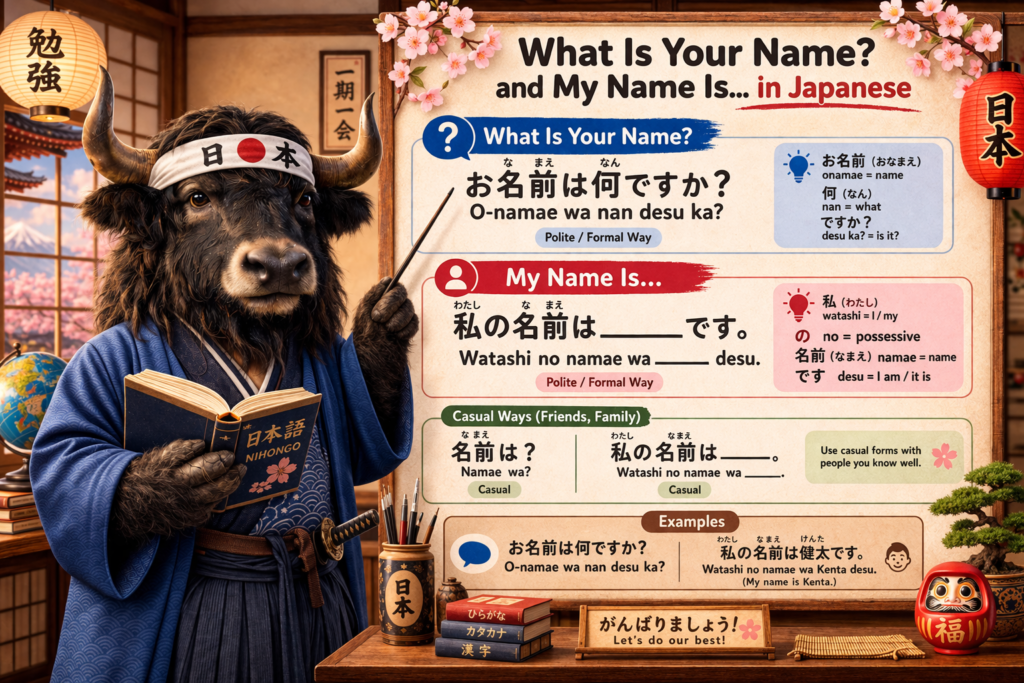 A personified yak Japanese teacher that teaches what is your name and my name is in Japanese for beginners.