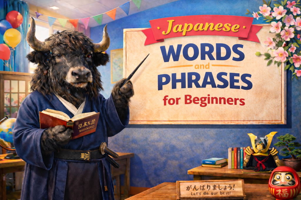 A personified yak Japanese teacher that teaches Japanese words and phrases for beginners with 100 essentials and Rōmaji.