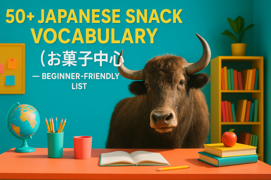 Japanese snack vocabulary list featuring お菓子（おかし）とスナックフード in a colorful beginner-friendly layout