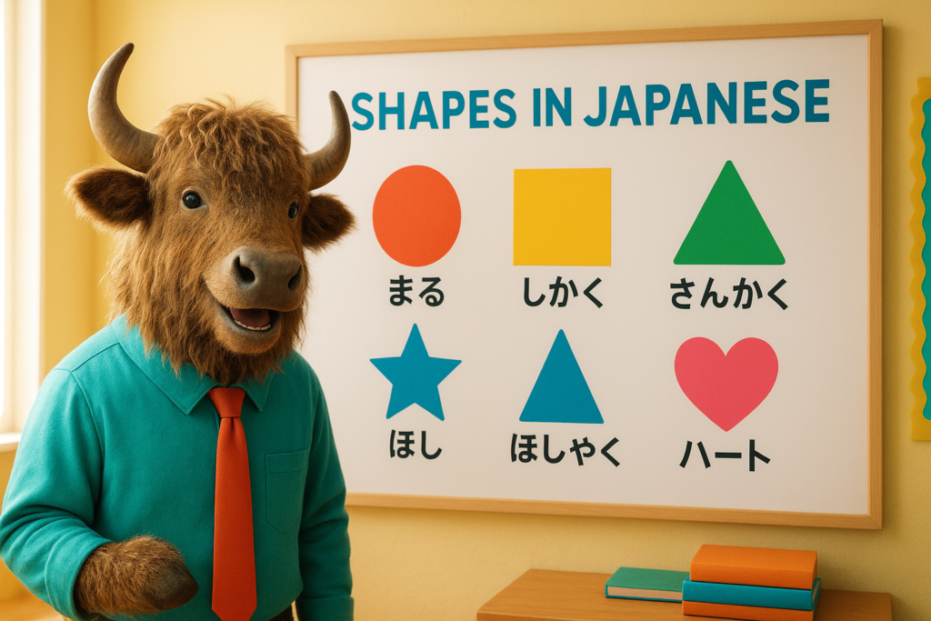 A personified yak Japanese teacher that points to colorful shapes in Japanese like circle, square, triangle, and heart on a classroom board.