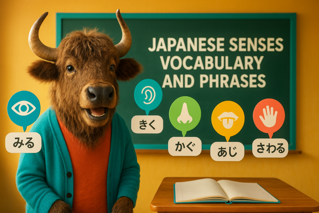 A personified yak Japanese teacher that points to five glowing icons for Japanese senses vocabulary and phrases while holding a notebook.