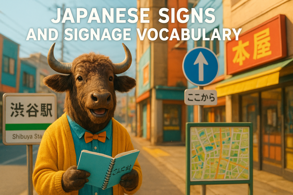 A personified yak Japanese teacher that points at Japanese signs and signage vocabulary on a station board and road sign.
