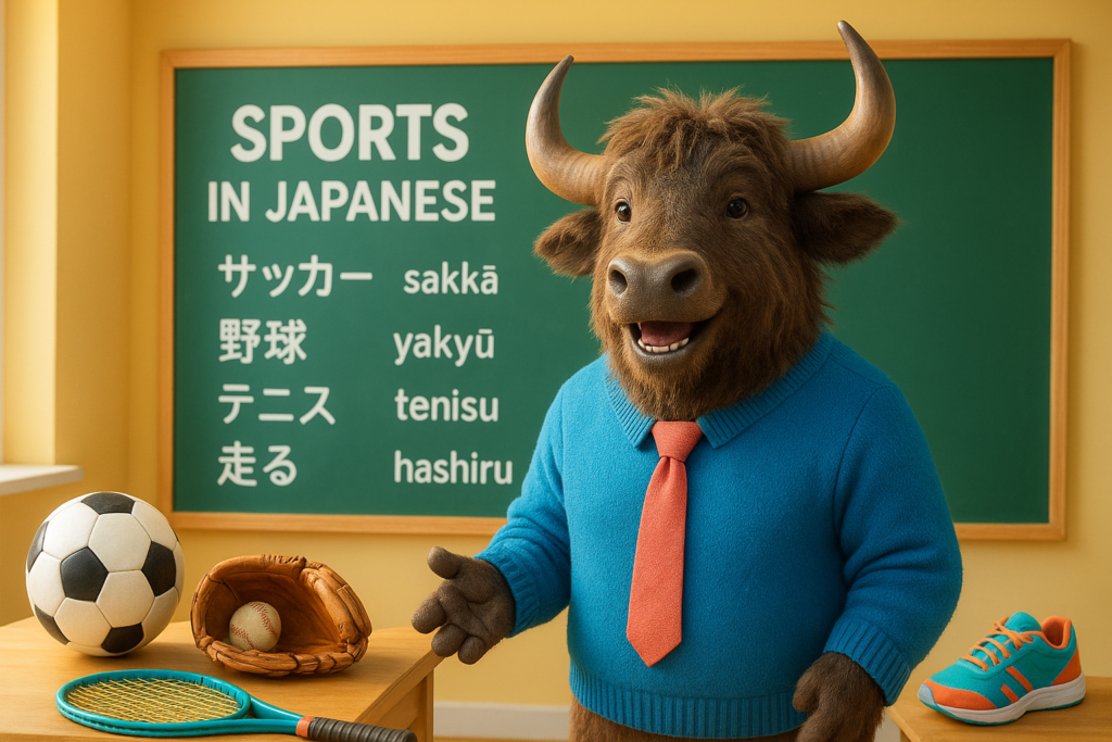 A personified yak Japanese teacher that points to sports in Japanese words on a chalkboard beside a soccer ball, baseball, tennis racket, and running shoes.