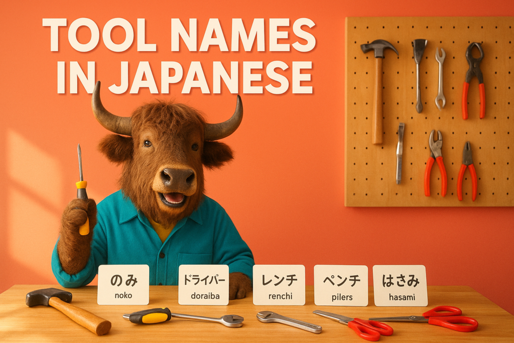 A personified yak Japanese teacher that points to tool names in Japanese on a tidy workbench with a hammer, screwdriver, wrench, and tape measure.