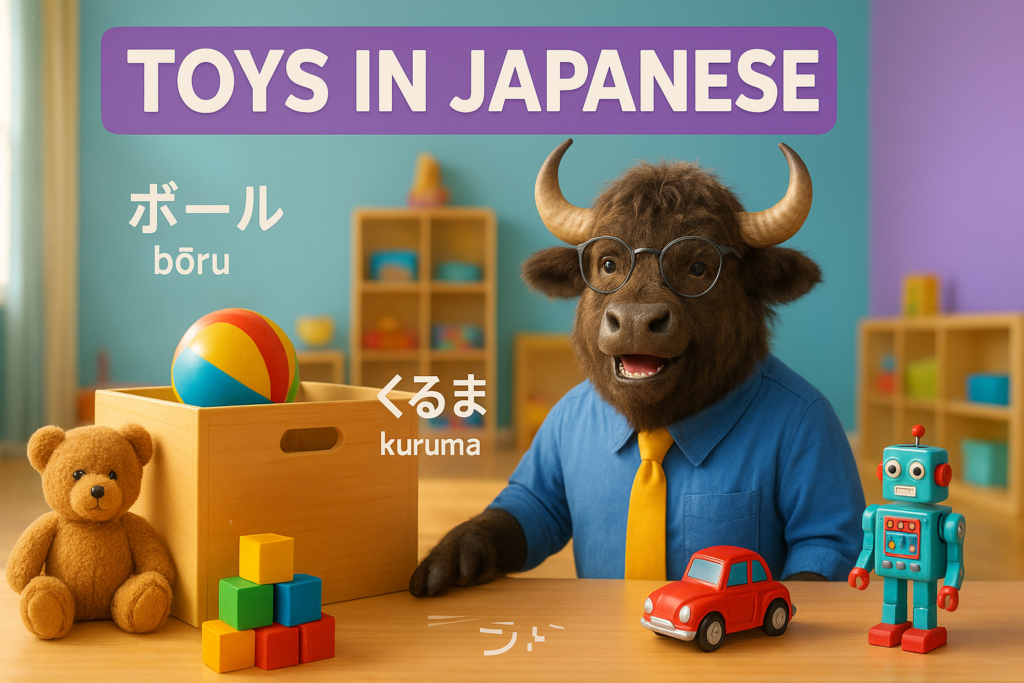 A personified yak Japanese teacher that points to colorful toys in Japanese labels, helping beginners learn toy vocabulary with a cheerful classroom vibe.