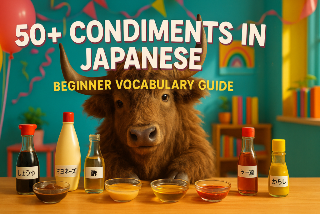 A kitchen table with small bowls of Japanese condiments like soy sauce, miso, mayonnaise, mustard, vinegar, sesame seeds, and chili oil beside labels in English and Japanese.