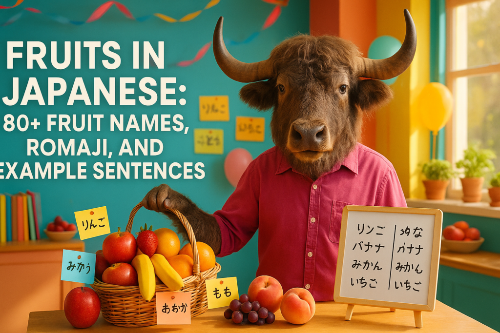A personified yak Japanese teacher that points to a colorful basket of fruits in Japanese labels, smiling beside apples, bananas, oranges, and strawberries.