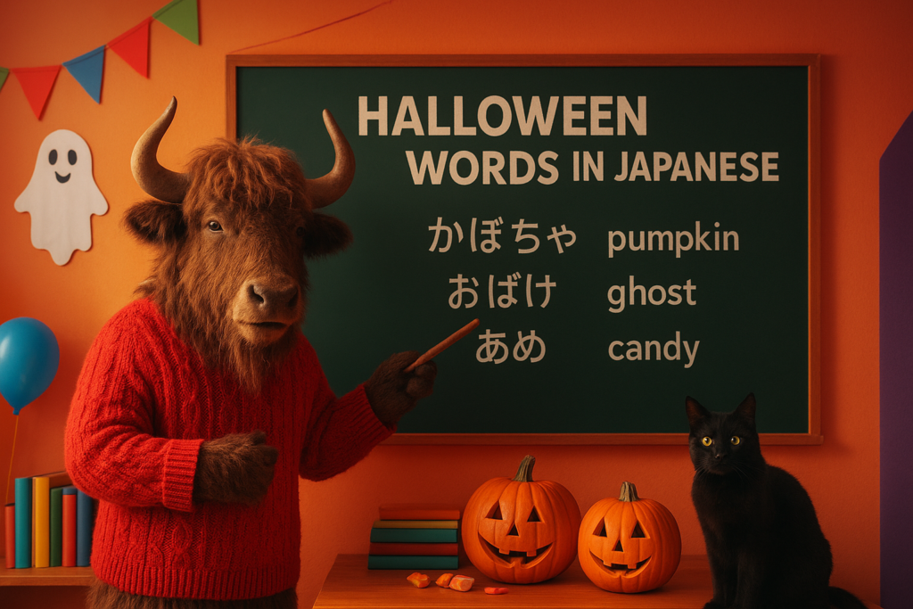 A personified yak Japanese teacher that is pointing at Halloween words in Japanese on a glowing chalkboard with pumpkins, a ghost, and candy.