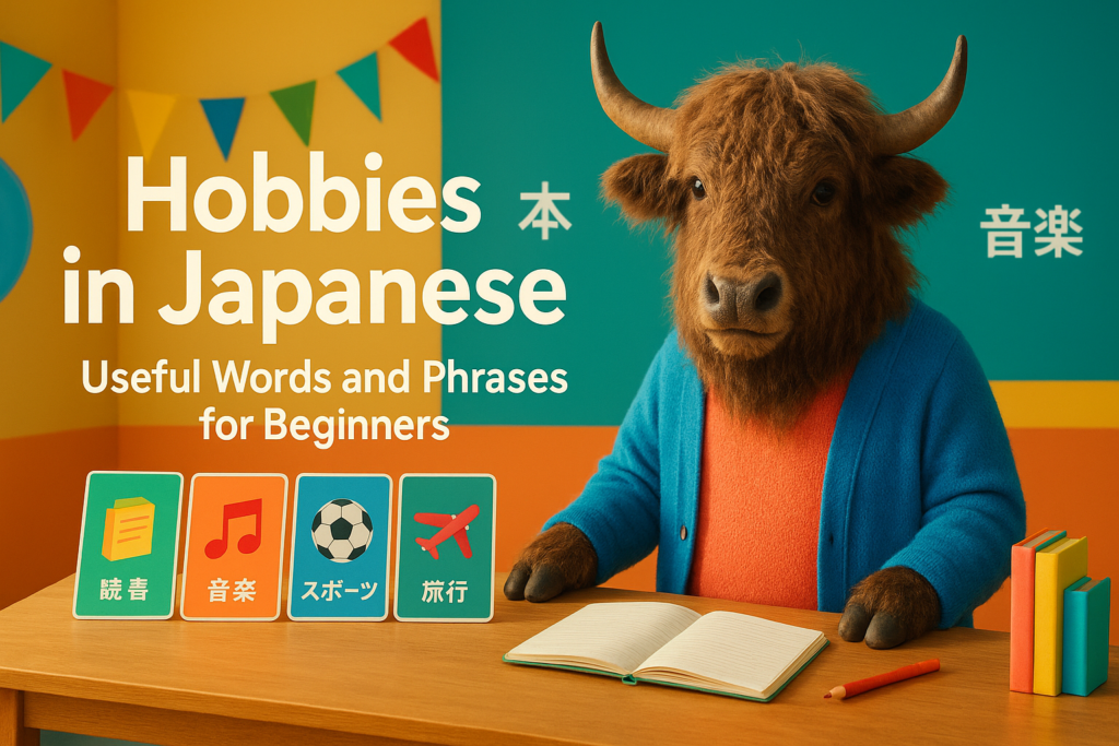 A personified yak Japanese teacher that is introducing hobbies in Japanese with flashcards, a notebook, and a cheerful classroom scene.