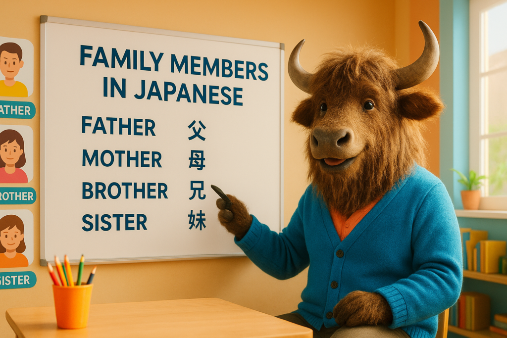 A personified yak Japanese teacher that explains family members in Japanese with labeled family icons and a friendly classroom scene.