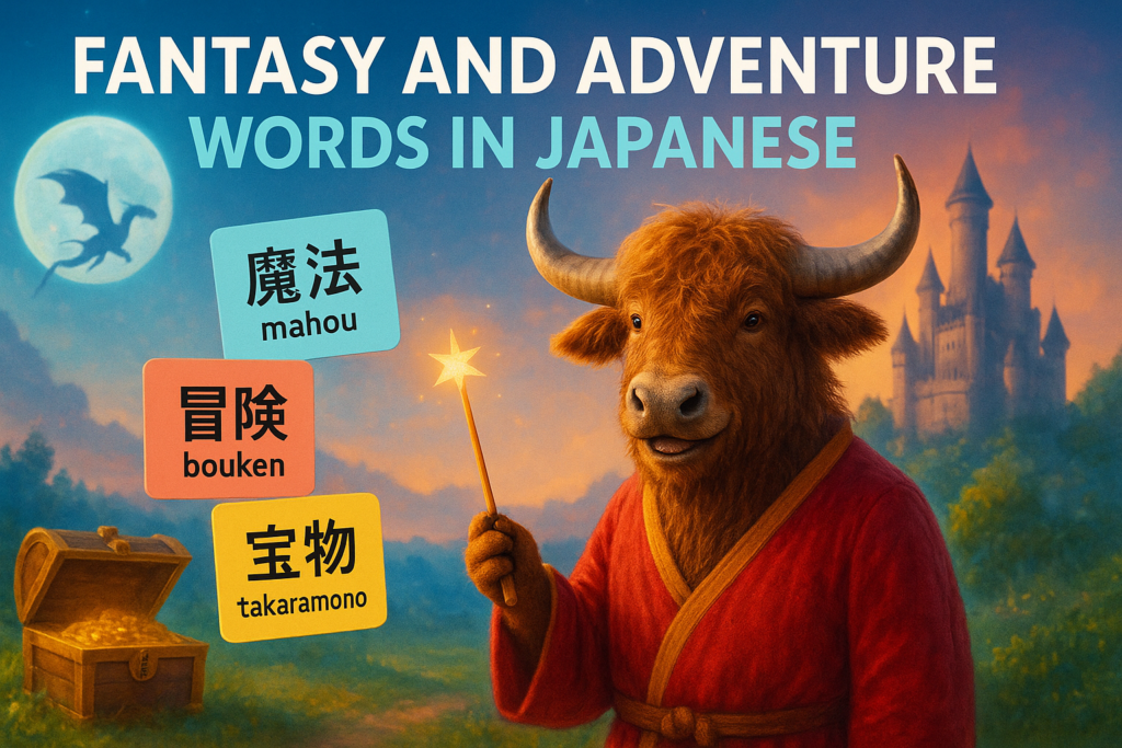 A personified yak Japanese teacher that points to fantasy and adventure words in Japanese on a glowing map beside a castle and dragon.
