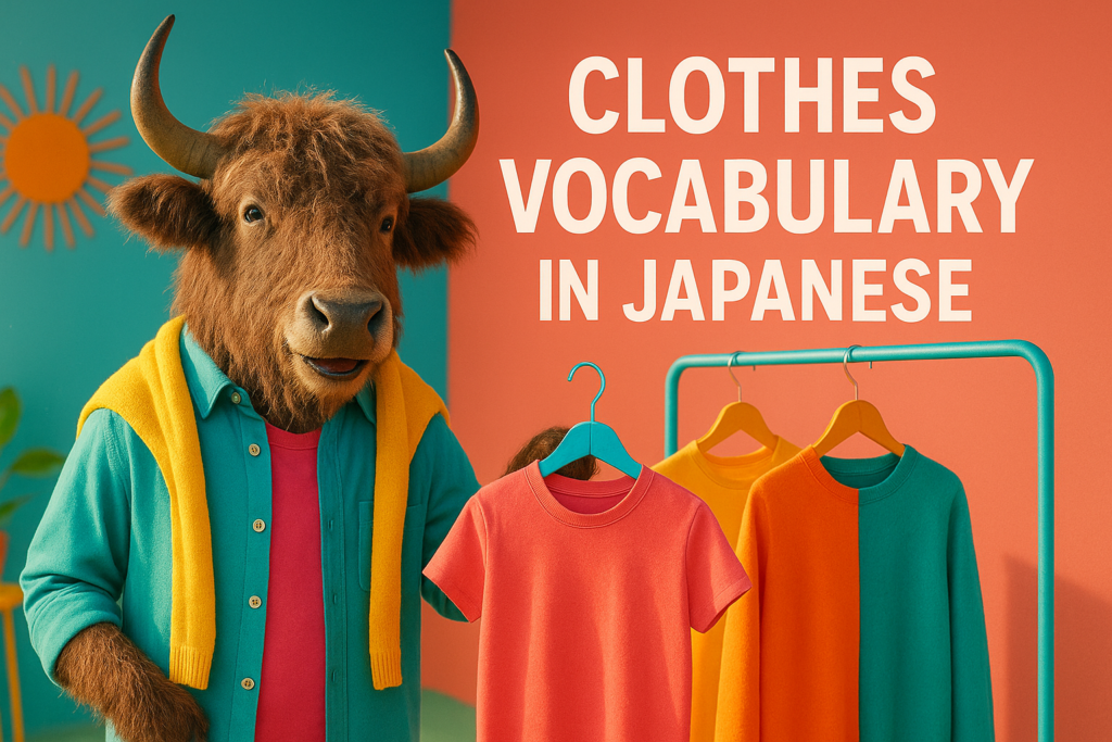 A personified yak Japanese teacher that is holding up different clothes vocabulary cards in Japanese while standing beside a wardrobe and shopping bags.
