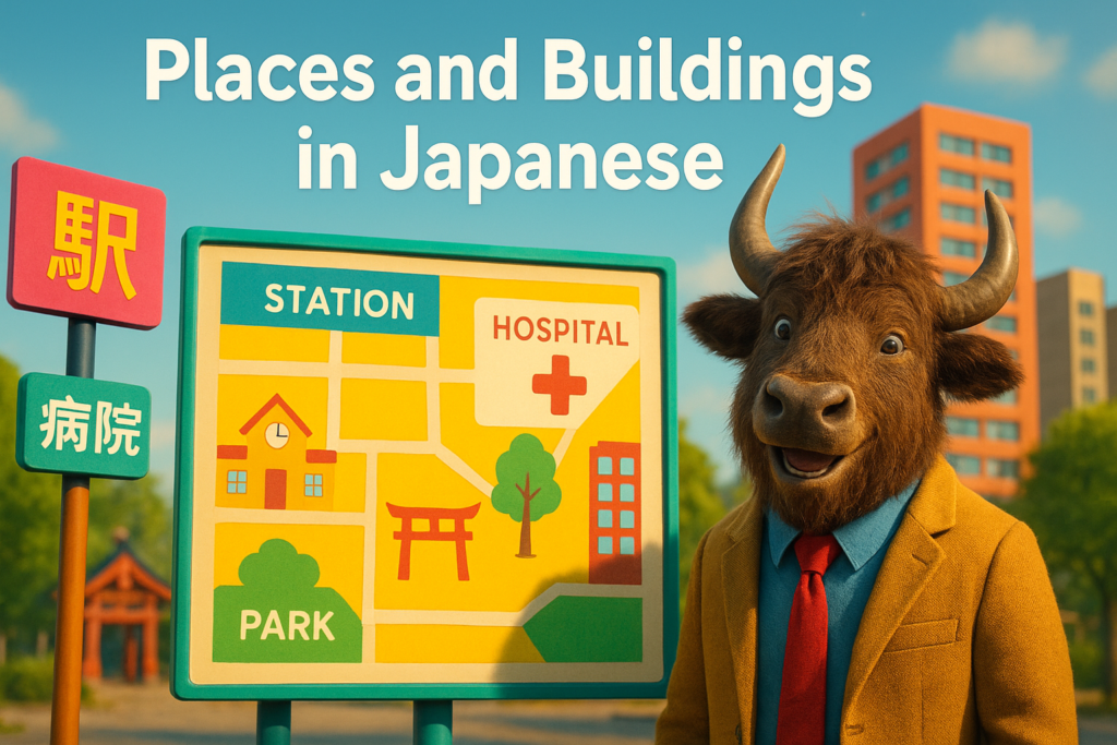 A personified yak Japanese teacher that points to a map of places and buildings in Japanese outside a lively city street.